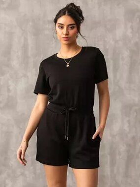 Buckle Black Knit Romper | Small | Athleisure Cinch Waist Casual Chic One Piece